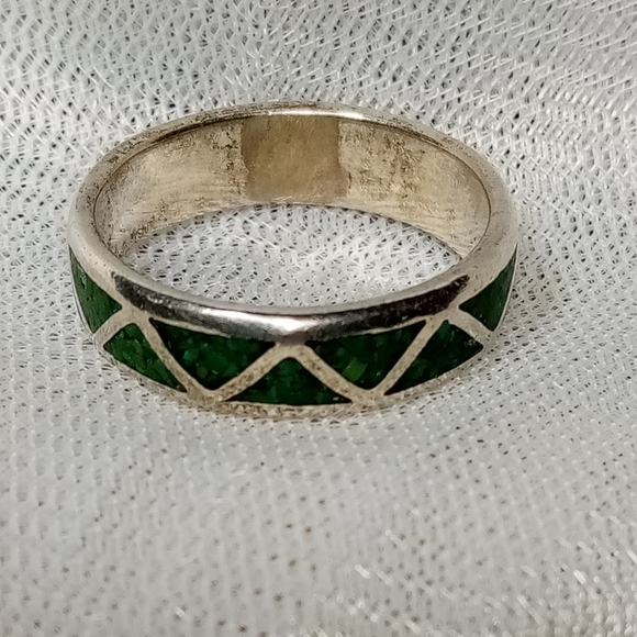Malachite Gemstone Inlay Sterling Silver Unisex Band Sz 11 - Picture 10 of 10